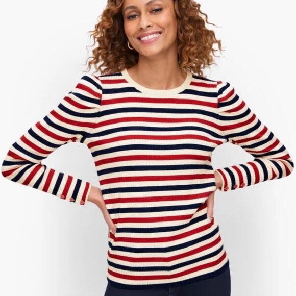 Talbots Red Stripe Puff Sleeve Rib Knit Crewneck Sweater - Picture 4 of 10